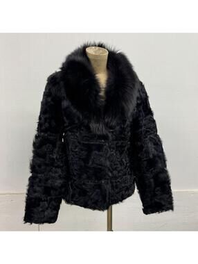 Vintage Black Sheepskin Wool & Fox Fur Coat